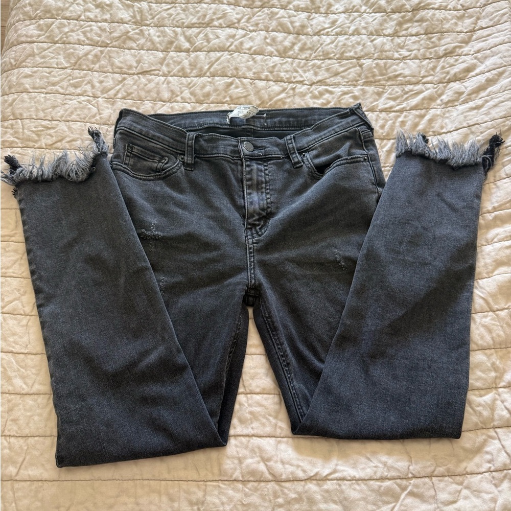 Free People Black Cropped Jeans with Frayed Hem